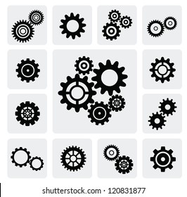 vector black gearwheel mechanism icon set on gray