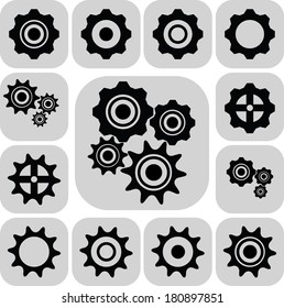 vector black gearwheel mechanism icon set on gray