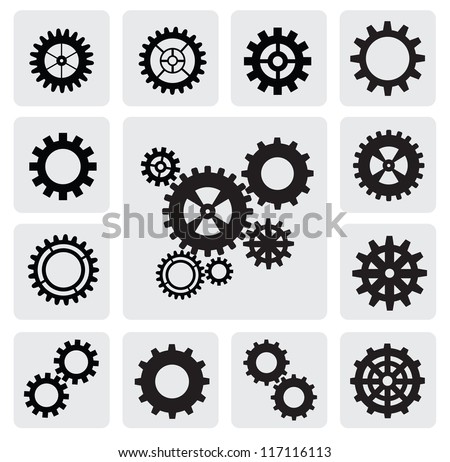 vector black gearwheel mechanism icon set on gray