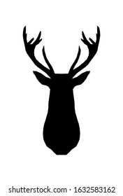 Vector black geometric deer animal silhouette stencil drawing illustration.Stag head and antlers isolated on white background.