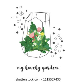 Vector black geometric florarium vase with different plants and flowers surrounded by black hexagons. My lovely garden phrase. Gardening concept. Isolated on white