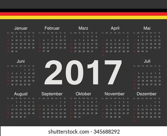 Vector black German circle calendar 2017. Week starts from Sunday.