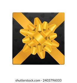 Caja de regalo negra vectorial con cinta de arco dorado, vista superior sobre fondo blanco.