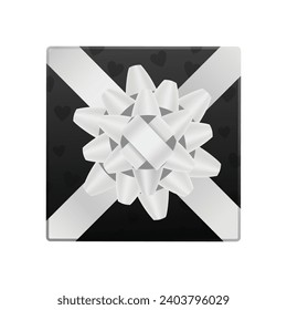 Vector black gift box with silver bow ribbon, top view on white background.