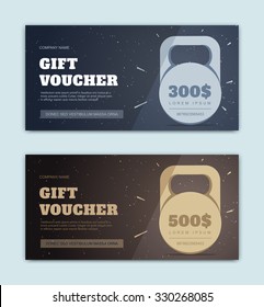 Vector black gift voucher for sports and fitness. Premium offer. gold certificate