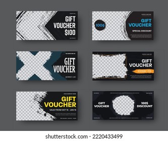 Vector black gift voucher templates with grunge elements and place for photo. Design for gift cards, discounts and sales. Set