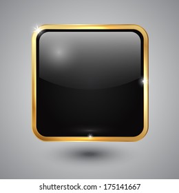 Vector black glass square button with round corners and golden frame