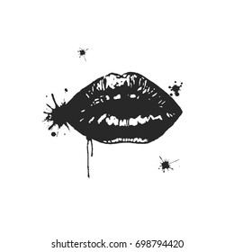 Vector black gloss lips with watercolor spots isolated on a white background