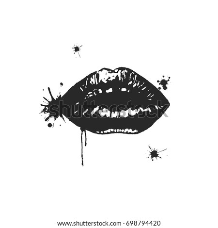 Vector black gloss lips with watercolor spots isolated on a white background