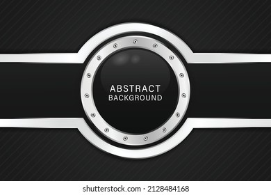 Vektorschwarz-glänzende Kreisplatte mit Stahlrahmen auf metallischem Hintergrund.