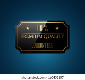 Vector black glossy label with golden frame and text on dark blue background, retro vintage style banner. Premium quality, guaranteed