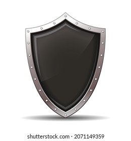 Vector black glossy metal shield. A symbol of safety or protection. Vector illustration isolated on white background