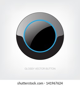 Vector black glossy plastic button with bright blue detail