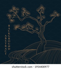 vector black and gold abstract illustration of tree,  japanese abstraction