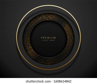 Vector black and gold abstract round luxury frame. Sparkling sequins on black background with volume golden ring. Premium label design