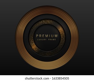 Vector black and gold abstract round luxury frame. Radial golden pattern, sparkling sequins on black background. Premium label design