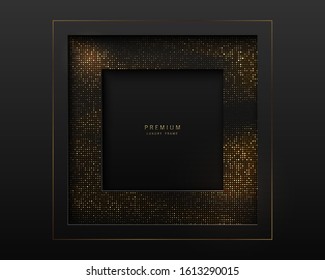 Vector black and gold abstract square luxury frame. Sparkling sequins on black background. Premium label design