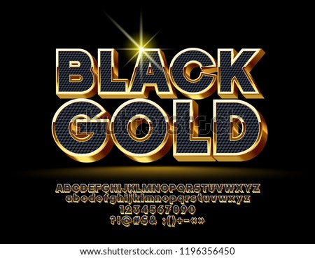 Vector Black Gold Alphabet Letters, Numbers and Symbols. 3D Elegant Font.