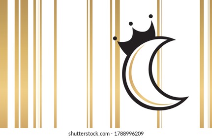 Vector black and gold colored fancy icon of moon wearing crown