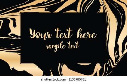 Vector black and gold design template for party, invitation, web, banner, birthday, wedding, business card. Abstract golden background. Hand drawn ink marbling texture. 