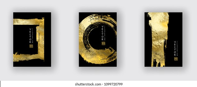 Vector Black and Gold Design Templates set for Brochures, Flyers, Mobile Technologies, Applications, Online Services, Typographic Emblems, Logo, Banners. Golden Abstract Modern Backgro