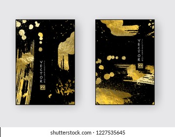 Vector Black and Gold Design Templates set for Brochures, Flyers, Mobile Technologies, Applications, Online Services, Typographic Emblems, Logo, Banners. Golden Abstract Modern Backgro