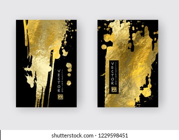 Vector Black and Gold Design Templates set for Brochures, Flyers, Mobile Technologies, Applications, Online Services, Typographic Emblems, Logo, Banners. Golden Abstract Modern Backgro