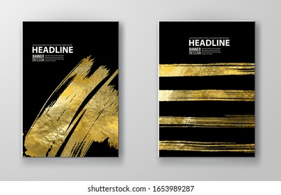 Schwarze und goldene Muster für Broschüren, Flyer, Mobiltechnologie, Anwendungen, Online-Dienste, typografische Embleme, Logos, Banner und Infografiken in der Vektorillustration. Goldener abstrakter, moderner Hintergrund.