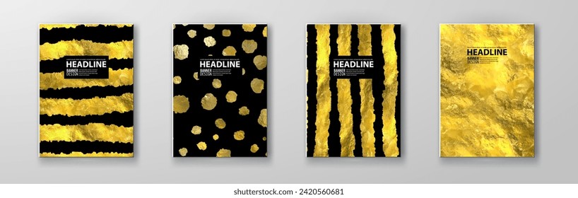 Vector Black and Gold Design Templates set for Brochures, Flyers, Mobile Technologies, Applications, Online Services, Typographic Emblems, Logo, Banners. Golden Abstract Modern Backgro