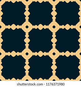 Vector black and gold geometric seamless pattern with circles, dots, carved lattice, square grid, repeat tiles. Simple abstract monochrome background texture. Design for decoration, fabric, wallpapers
