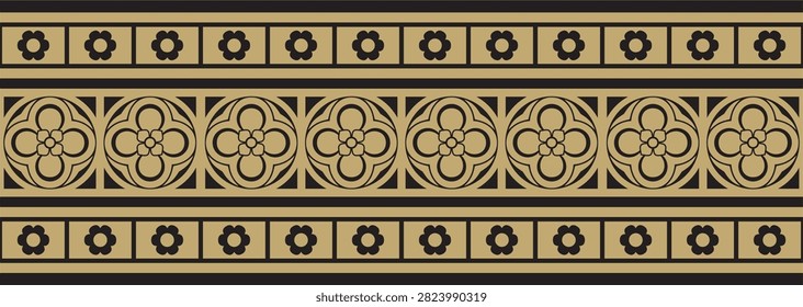 Vector black and gold gothic border. Medieval European ornament. Classic pattern of the Germans, Angles, Saxons, Franks.
