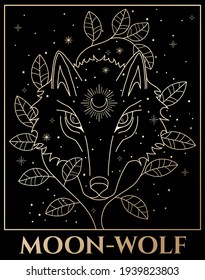 vector black and gold illustration of wolf head, izotheric art of moon wolf
