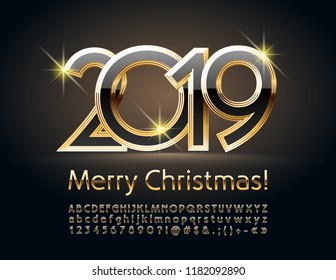 Vector Black and Gold Luxurious Greeting Card Merry Christmas 2019. Rich Font. Royal Alphabet Letters