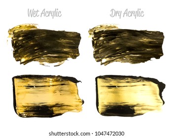 Vector black and gold paint smear stroke stain set. Abstract gold glittering textured art illustration. Brush stroke isolated on white. Hand painted backdrop for greeting, gift, wedding, birthday card