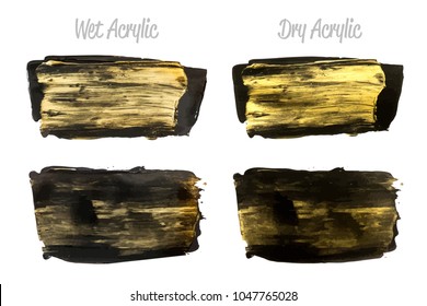 Vector black and gold paint smear stroke stain set. Abstract gold glittering textured art illustration. Brush stroke isolated on white. Hand painted backdrop for greeting, gift, wedding, birthday card
