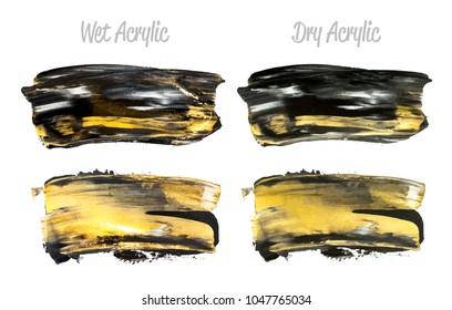Vector black and gold paint smear stroke stain set. Abstract gold glittering textured art illustration. Brush stroke isolated on white. Hand painted backdrop for greeting, gift, wedding, birthday card