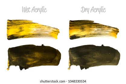 Vector black and gold paint smear stroke stain set. Abstract gold glittering textured art illustration. Brush stroke isolated on white. Hand painted backdrop for greeting, gift, wedding, birthday card
