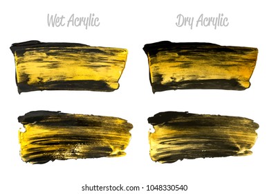 Vector black and gold paint smear stroke stain set. Abstract gold glittering textured art illustration. Brush stroke isolated on white. Hand painted backdrop for greeting, gift, wedding, birthday card