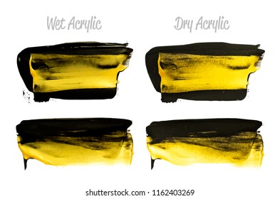 Vector black and gold paint smear stroke stain set. Abstract gold glittering textured art illustration. Brush stroke isolated on white. Hand painted backdrop for greeting, gift, wedding, birthday card