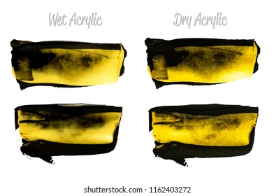 Vector black and gold paint smear stroke stain set. Abstract gold glittering textured art illustration. Brush stroke isolated on white. Hand painted backdrop for greeting, gift, wedding, birthday card