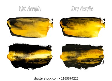 Vector black and gold paint smear stroke stain set. Abstract gold glittering textured art illustration. Brush stroke isolated on white. Hand painted backdrop for greeting, gift, wedding, birth
