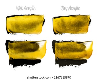 Vector black and gold paint smear stroke stain set. Abstract gold glittering textured art illustration. Brush stroke isolated on white. Hand painted backdrop for greeting, gift, wedding, birthday card