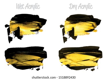 Vector black and gold paint smear stroke stain set. Abstract gold glittering textured art illustration. Brush stroke isolated on white. Hand drawn brush strokes vector elements.