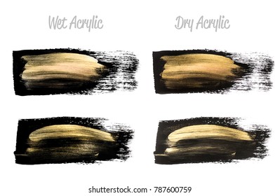 Vector black and gold paint smear stroke stain set. Abstract gold glittering textured art illustration. Brush stroke isolated on white. Hand painted backdrop for greeting, gift, wedding, birthday card