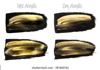 Vector black and gold paint smear stroke stain set. Abstract gold glittering textured art illustration. Brush stroke isolated on white. Hand painted backdrop for greeting, gift, wedding, birthday card