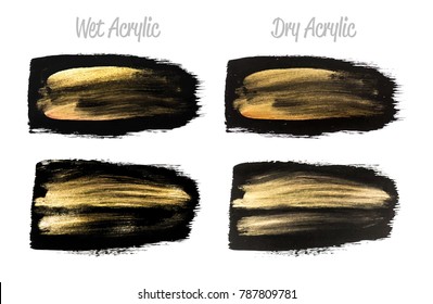 Vector black and gold paint smear stroke stain set. Abstract gold glittering textured art illustration. Brush stroke isolated on white. Hand painted backdrop for greeting, gift, wedding, birthday card