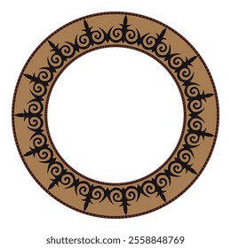 Vector black and gold round Kazakh national ornament. Ethnic pattern of the peoples of the Great Steppe, Kazakh, Mongols, Kyrgyz, Kalmyks. Circle, frame border. For sandblaster, ceramic, patchwork,