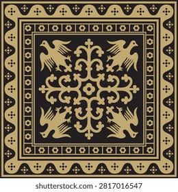 Vector black and gold square gothic ornament. Medieval European rectangle, border. Classic pattern of the Germans, Angles, Saxons, Franks.
