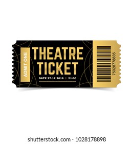 Vector Black And Gold Theatre Ticket Isolated On White Background. Luxury Design Template. Icon Picture For Website.