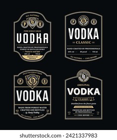 Vector black and gold vodka label templates. Distilling business branding and identity design elements